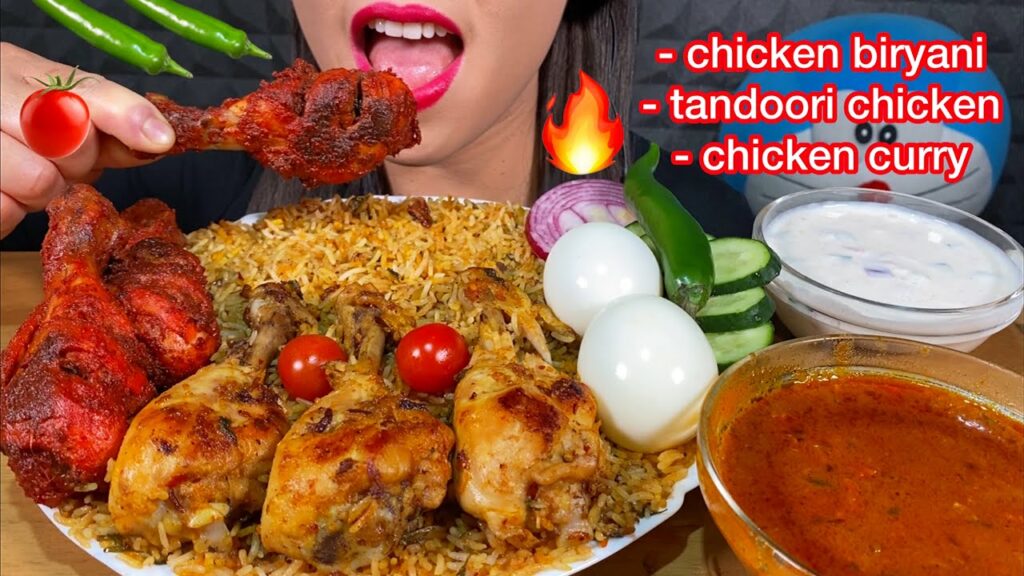 ASMR CHICKEN BIRYANI CHICKEN CURRY TANDOORI CHICKEN RAITA CHILI